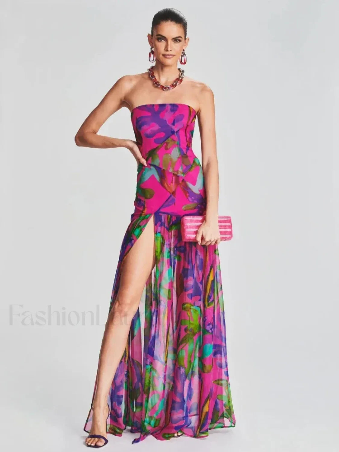 Mesh Slit Colorful Maxi Dress Secondary image