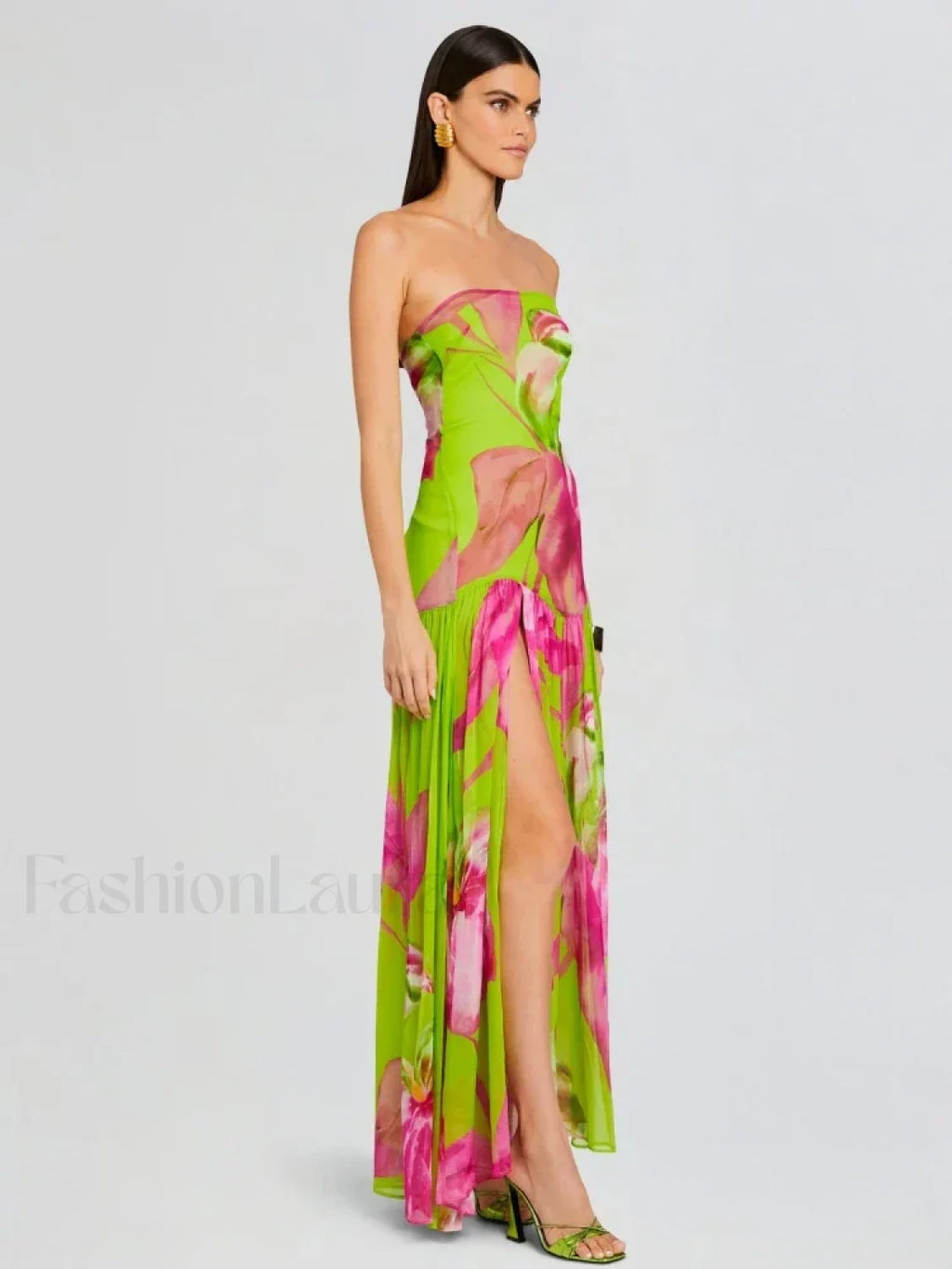 Mesh Slit Colorful Maxi Dress Green / S