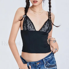 Mesh Spaghetti Backless Crop Top Black / S