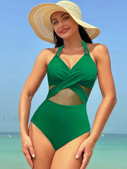 Mesh Spliced Lace Up Backless One Piece