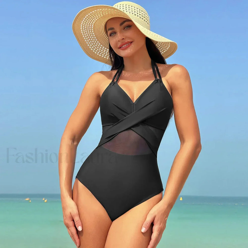 Mesh Spliced Lace Up Backless One Piece color 1 / S