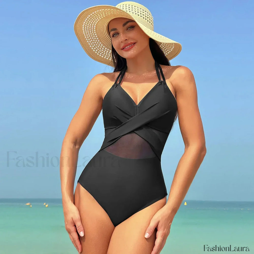 Mesh Spliced Lace Up Backless One Piece color 1 / S