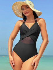 Mesh Spliced Lace Up Backless One Piece color 12 / S