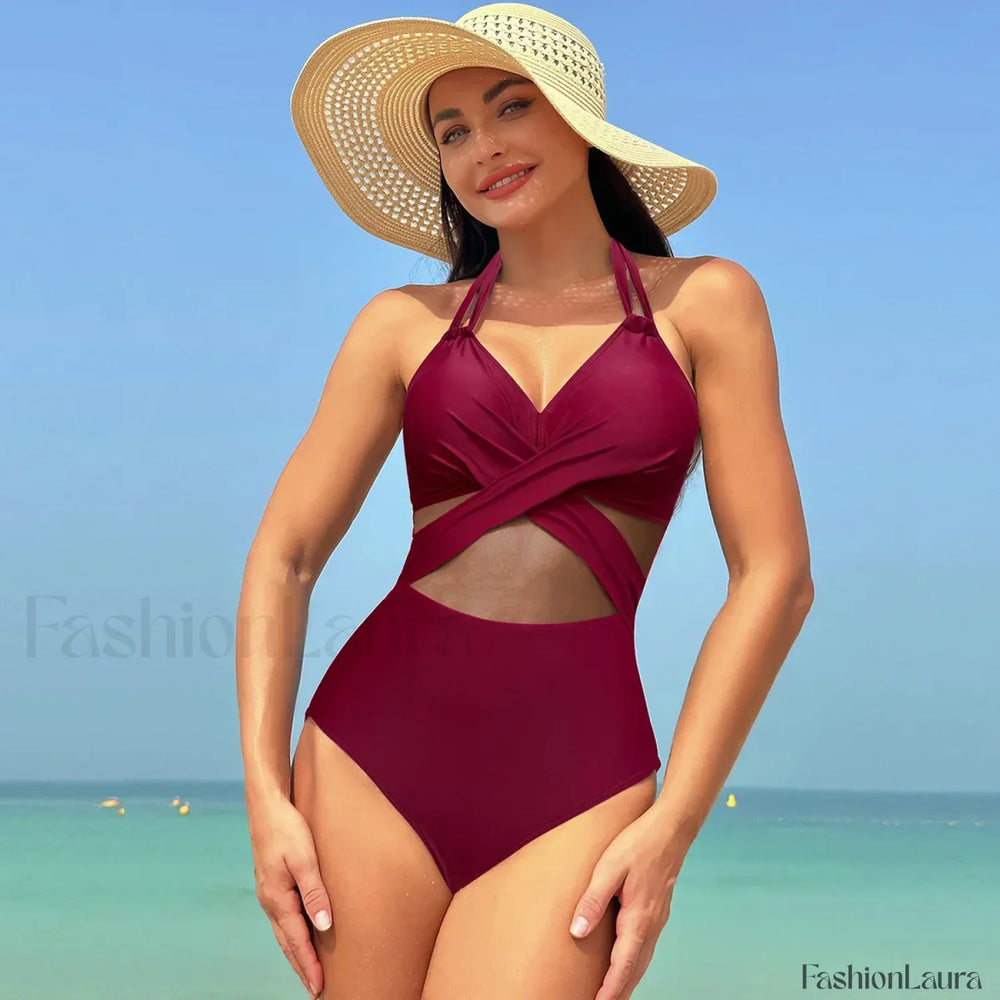Mesh Spliced Lace Up Backless One Piece color 3 / S