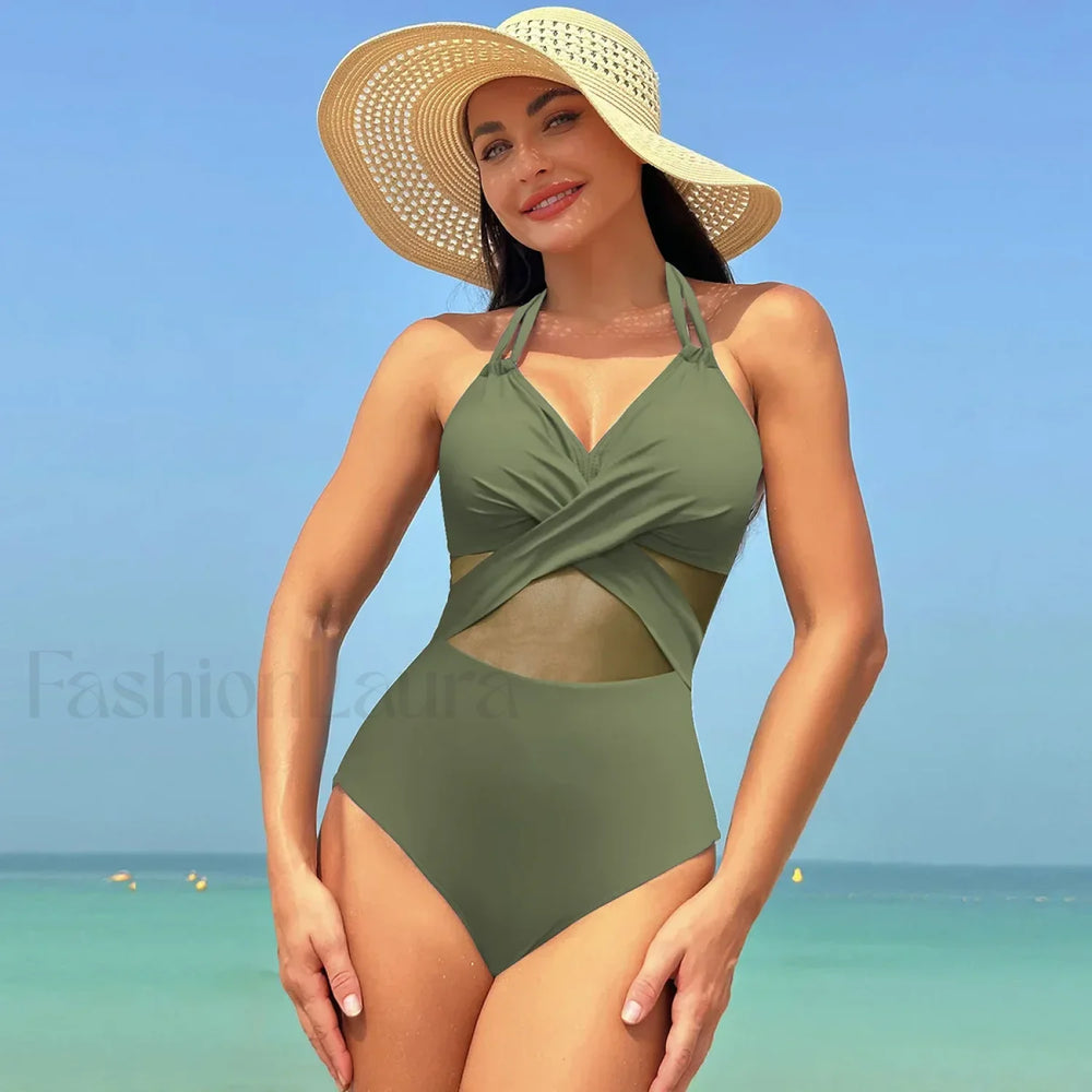 Mesh Spliced Lace Up Backless One Piece color 6 / S