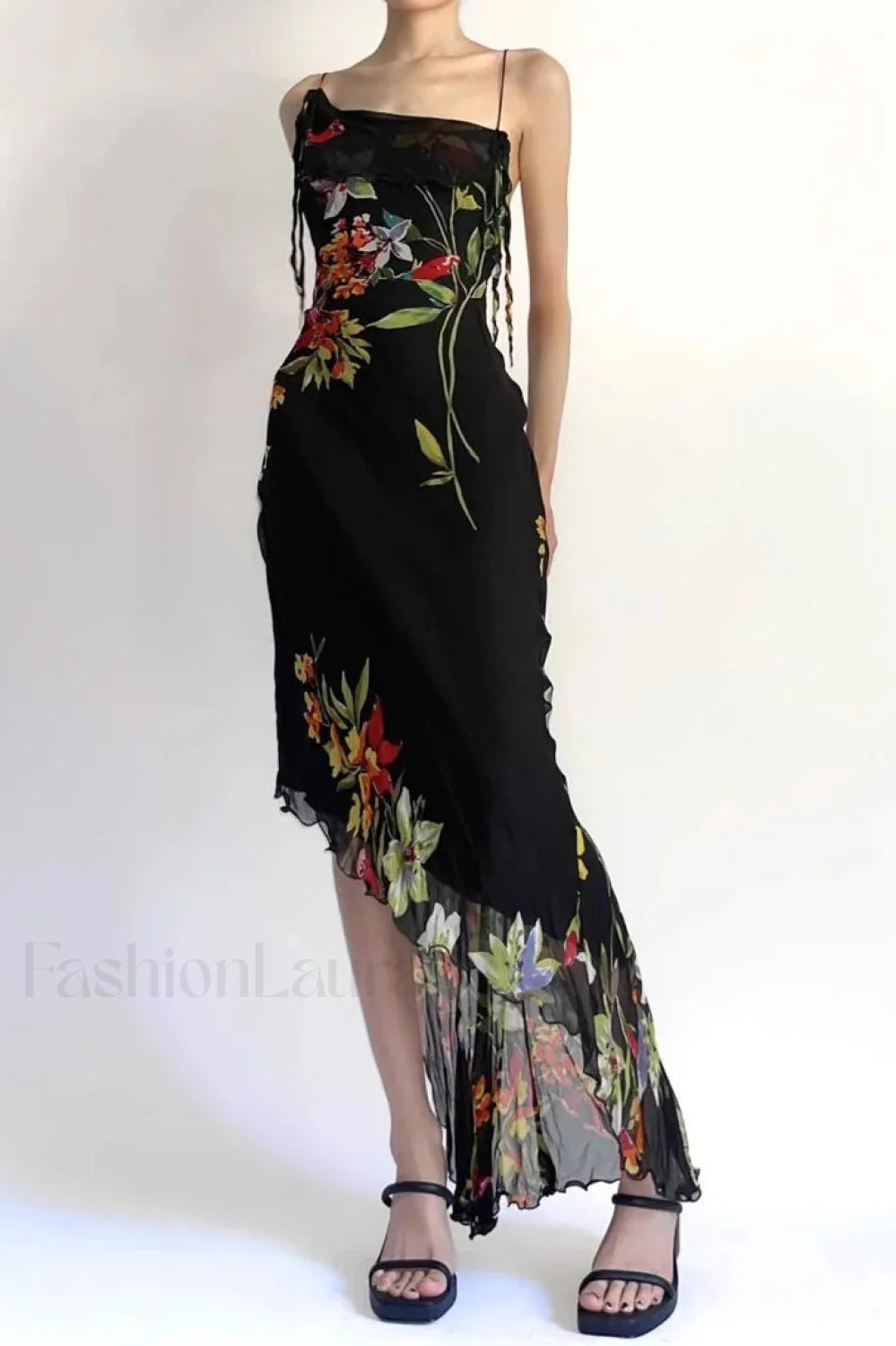 Mesh Stitching Irregular Pleated Plant Print Maxi Dress Secondary image