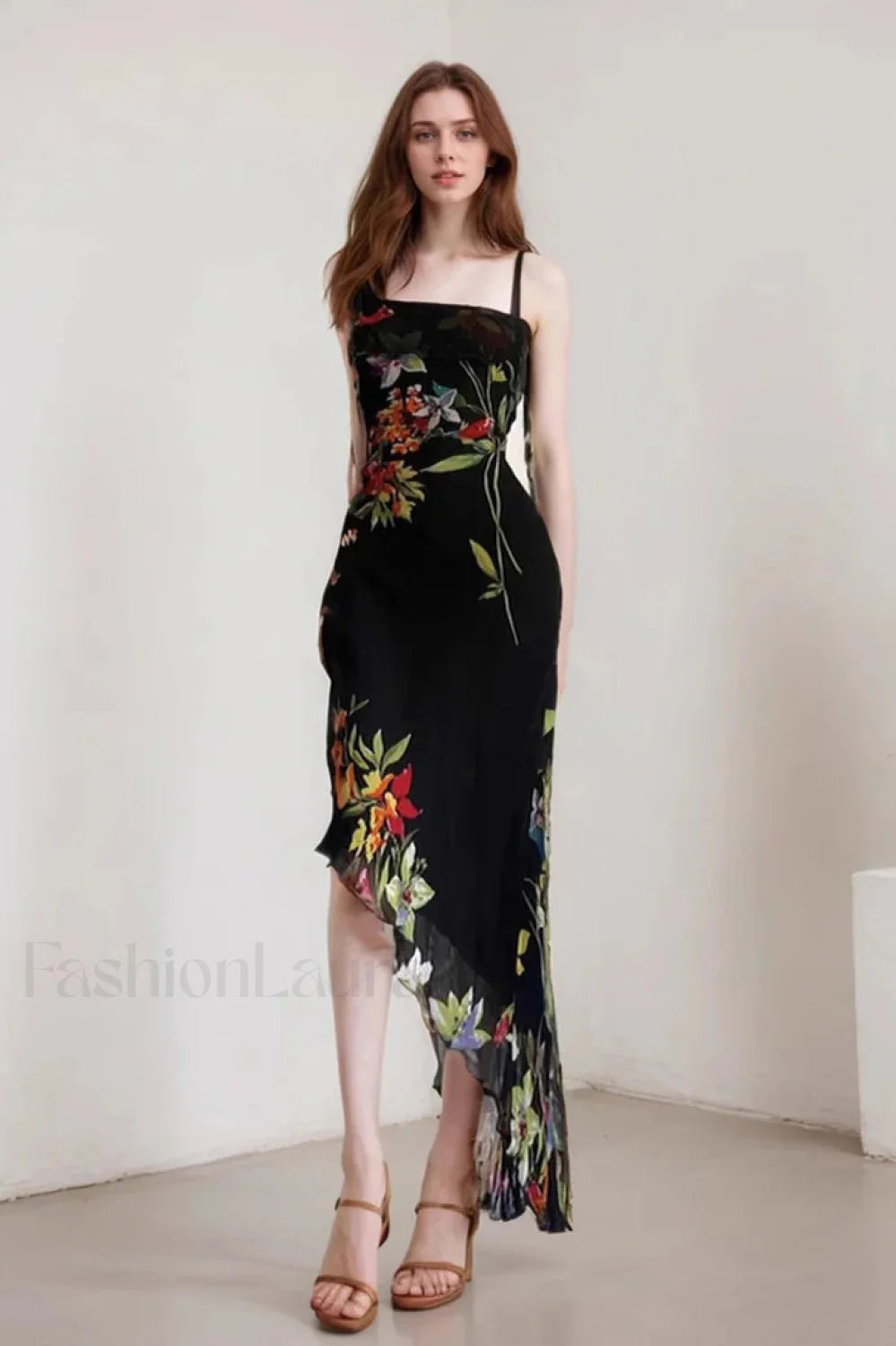 Mesh Stitching Irregular Pleated Plant Print Maxi Dress Black / S Main image