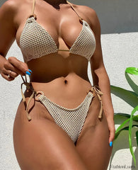 Mesh Strappy Halter Bikini Set Beige / S