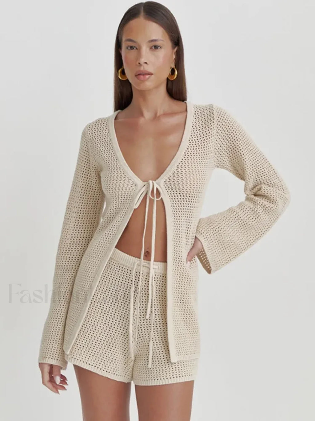 Mesh Tie Up Long Sleeve Cover Up