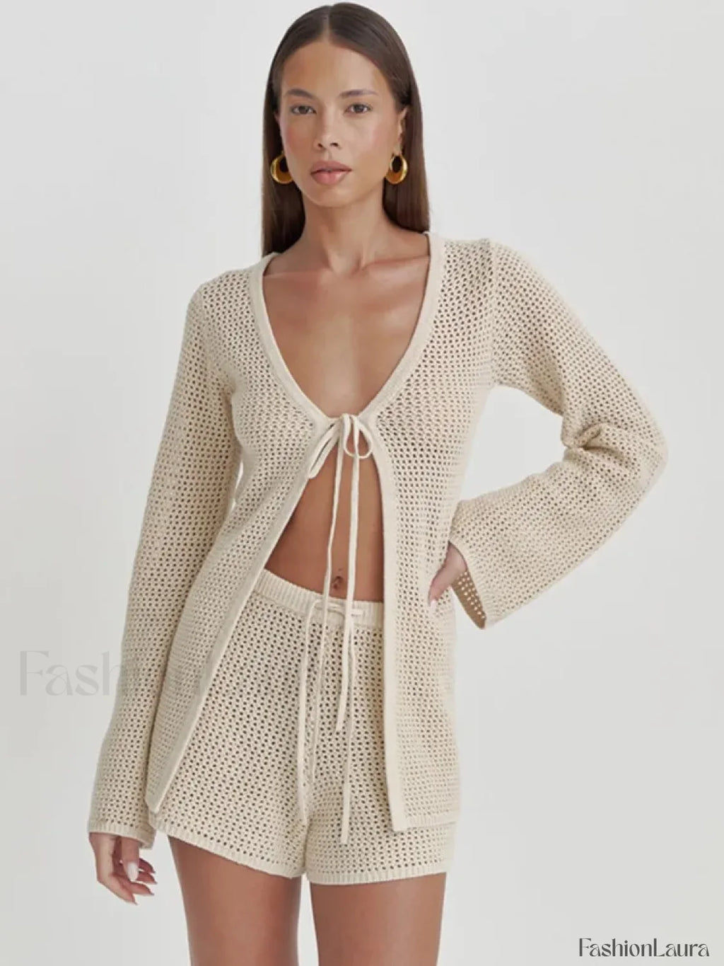 Mesh Tie Up Long Sleeve Cover Up