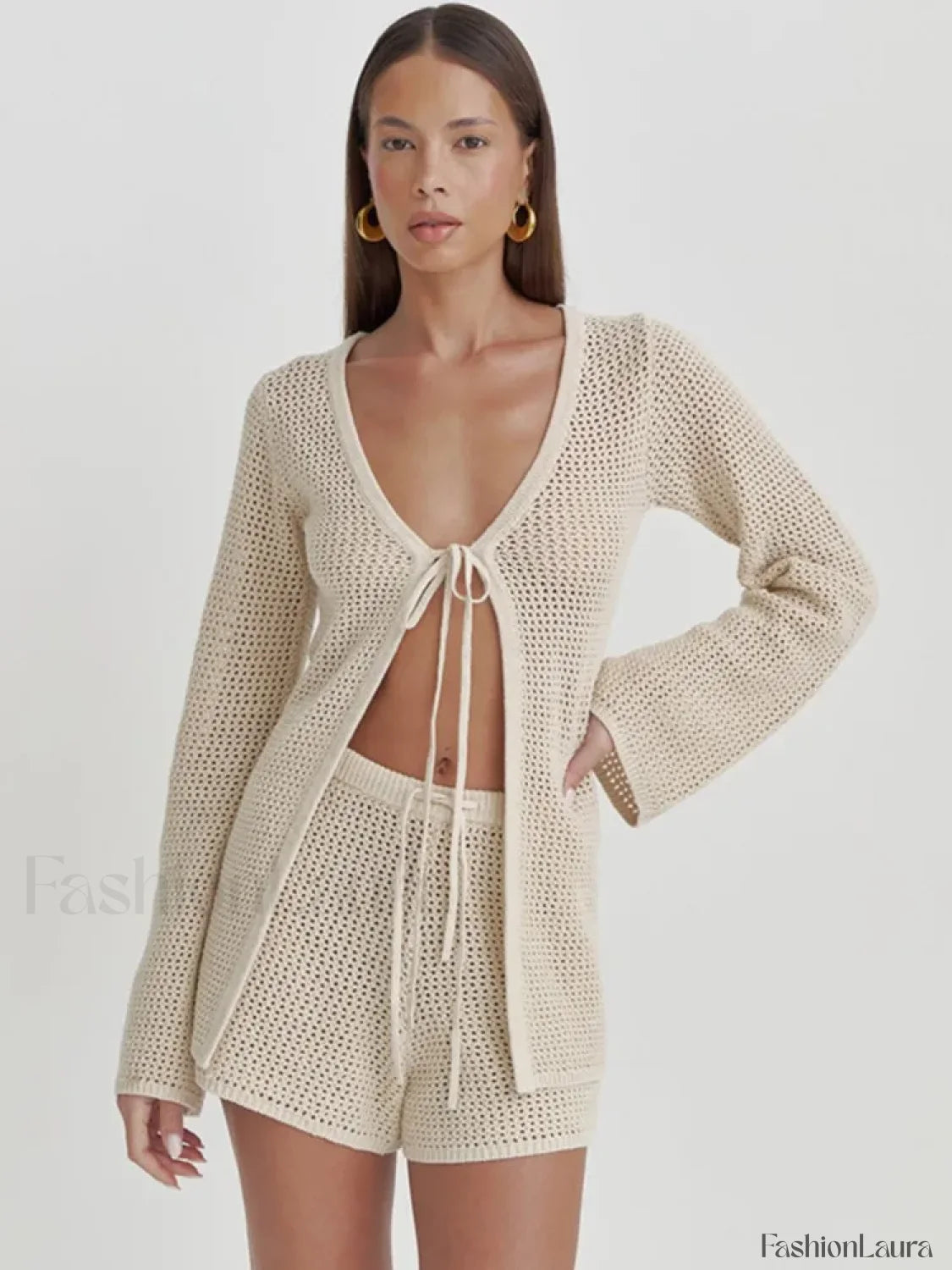 Mesh Tie Up Long Sleeve Cover Up
