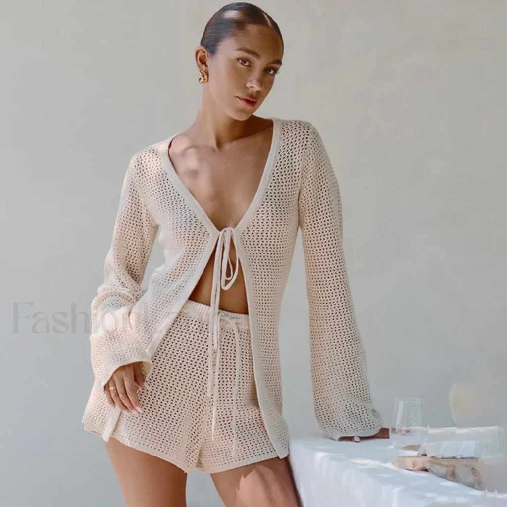 Mesh Tie Up Long Sleeve Cover Up apricot / S