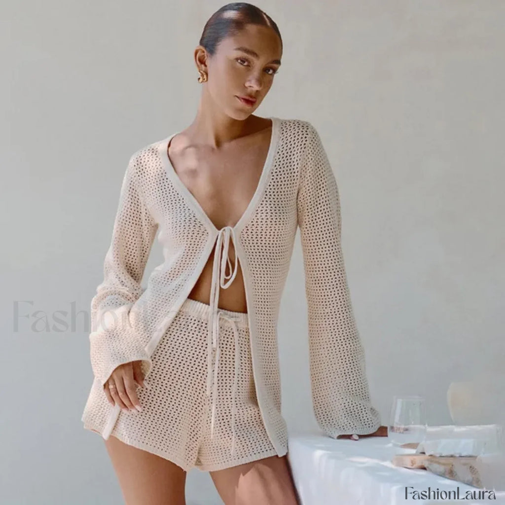 Mesh Tie Up Long Sleeve Cover Up apricot / S