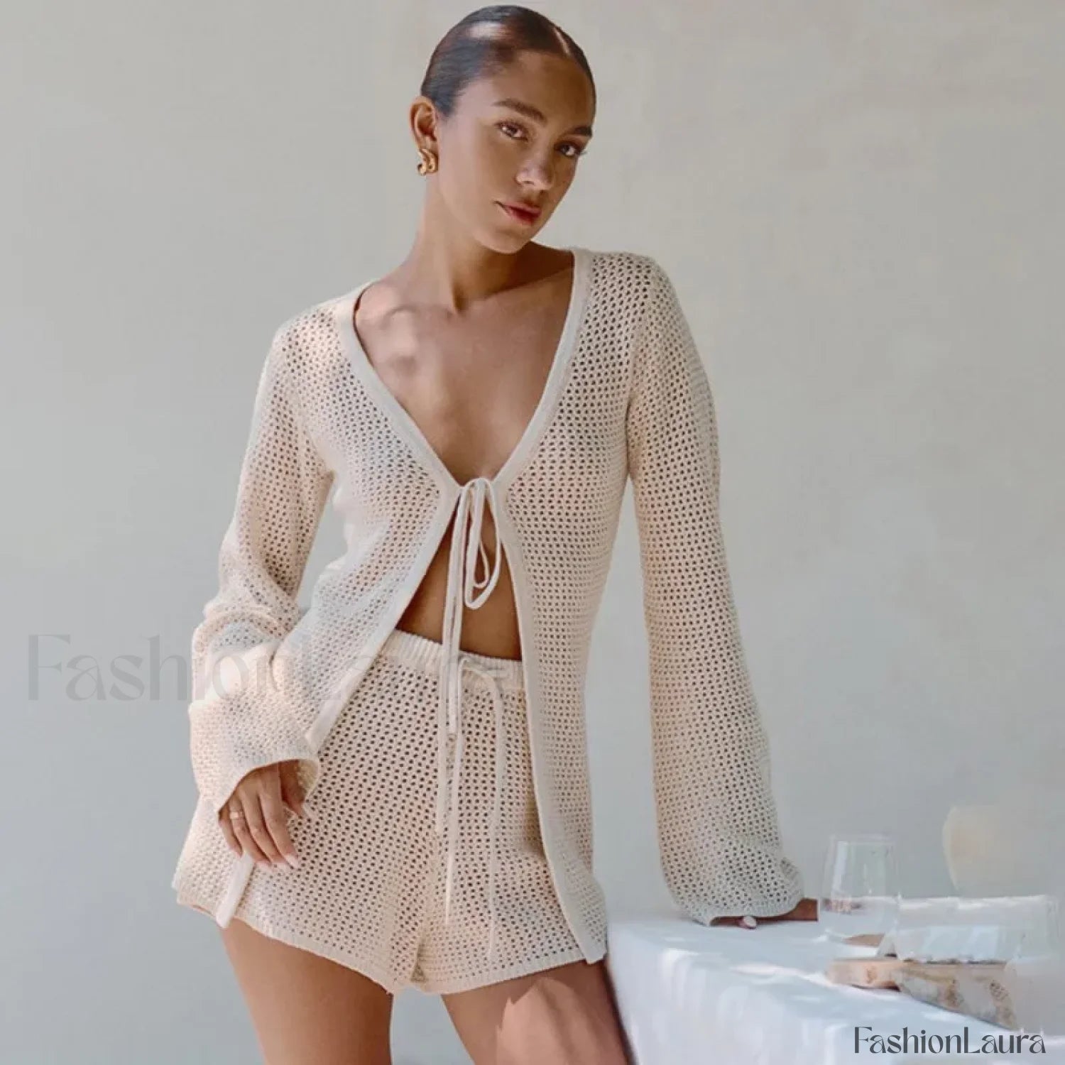 Mesh Tie Up Long Sleeve Cover Up apricot / S