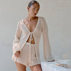 Mesh Tie Up Long Sleeve Cover Up apricot / S