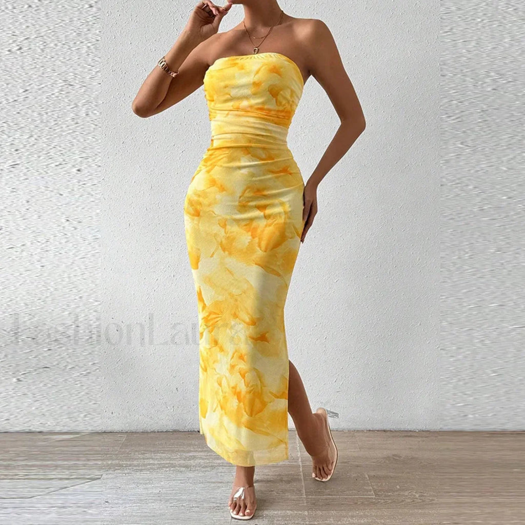 Mesh Wrap Split Floral Dress