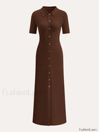 Metal Button Collar Midi Dress Knit Dresses
