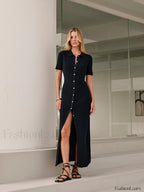 Metal Button Collar Midi Dress Knit Dresses