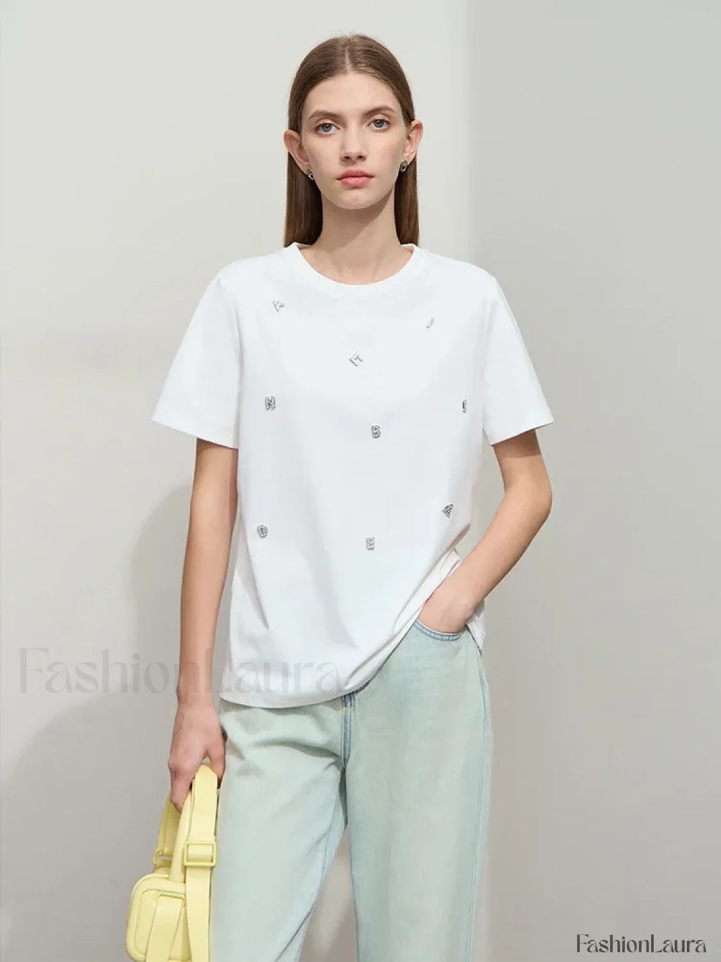 Metal Letter Print Cotton T Shirt
