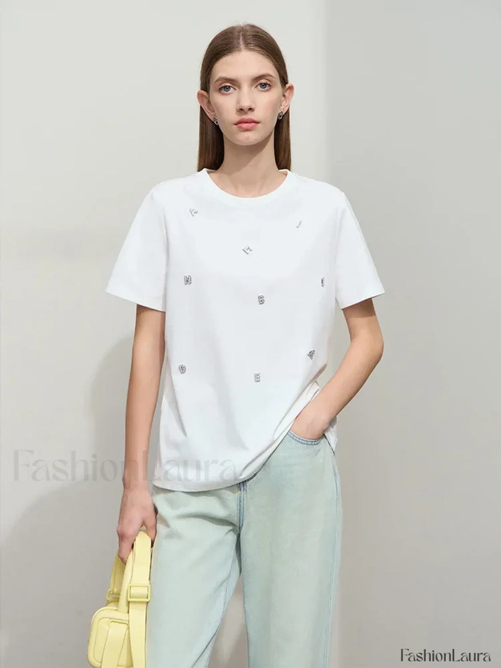 Metal Letter Print Cotton T Shirt