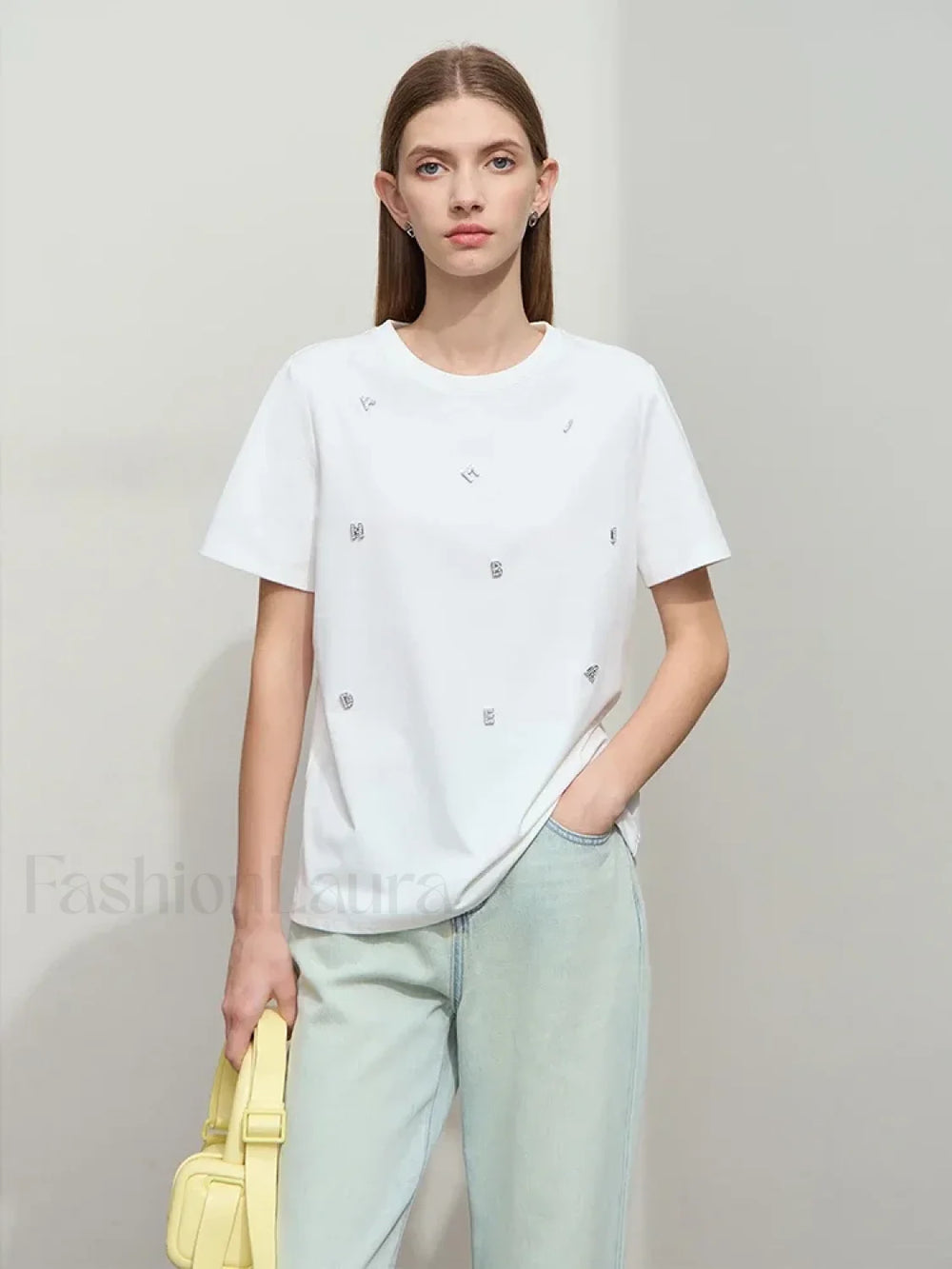 Metal Letter Print Cotton T Shirt