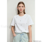 Metal Letter Print Cotton T Shirt Beige / S