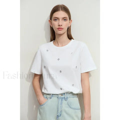 Metal Letter Print Cotton T Shirt Beige / S