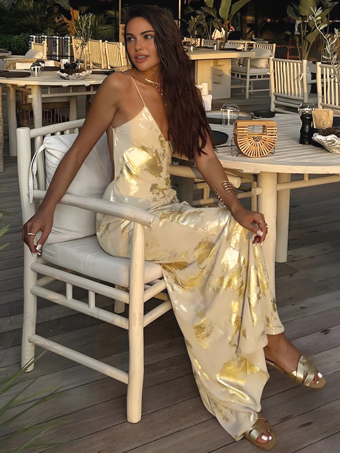 Metallic Print V Neck Backless Slip Long Dress Gold / XS Dresses Main image