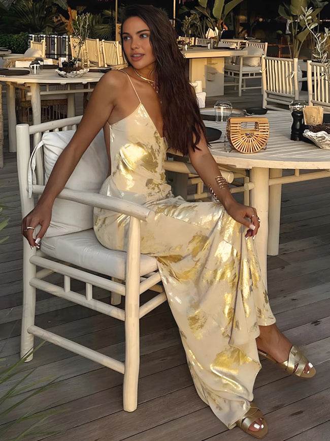 Metallic Print V Neck Backless Slip Long Dress Gold / XS Dresses Main image