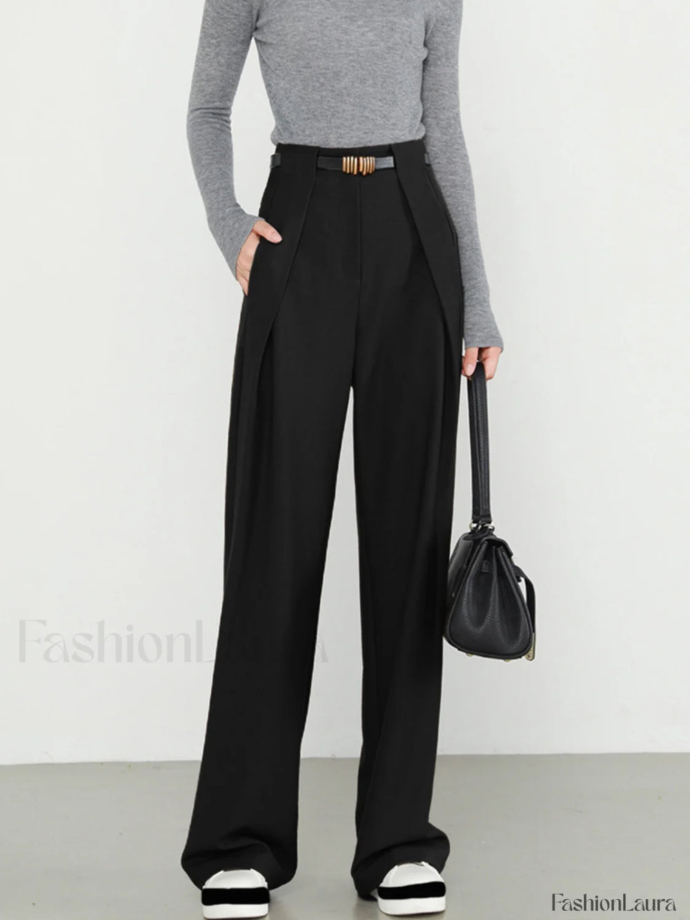 Middle Waist Solid Trendy Pocket Straight Leg Pants Black / XS Pants