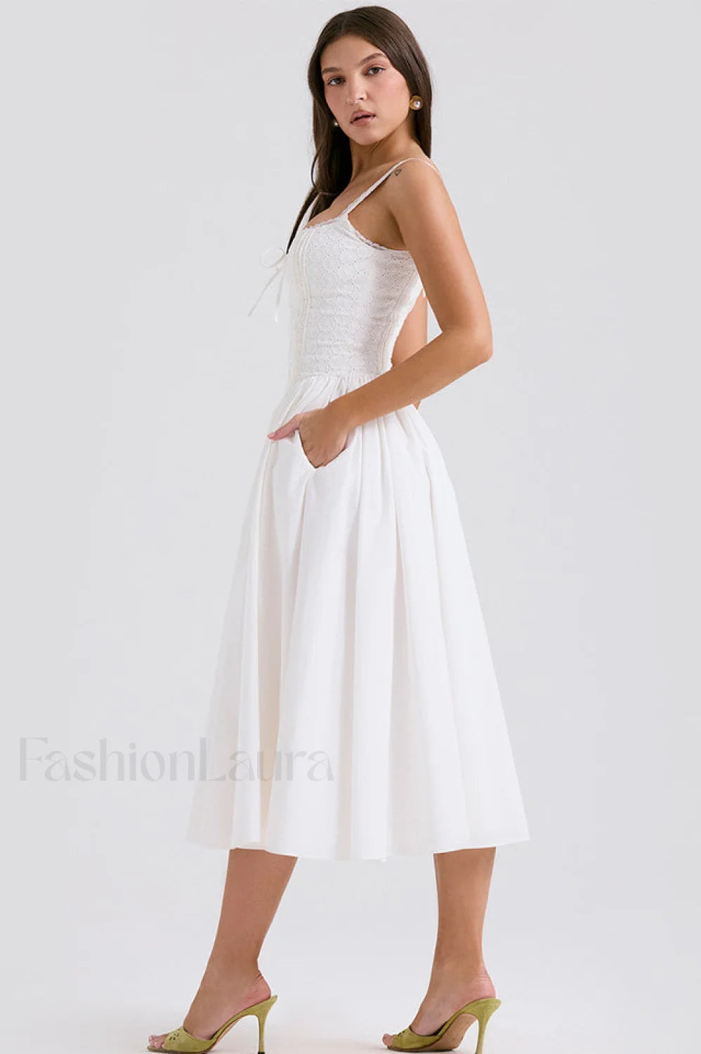 Milia White Stylish Brogue Cotton Dress