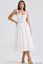 Milia White Stylish Brogue Cotton Dress S / White