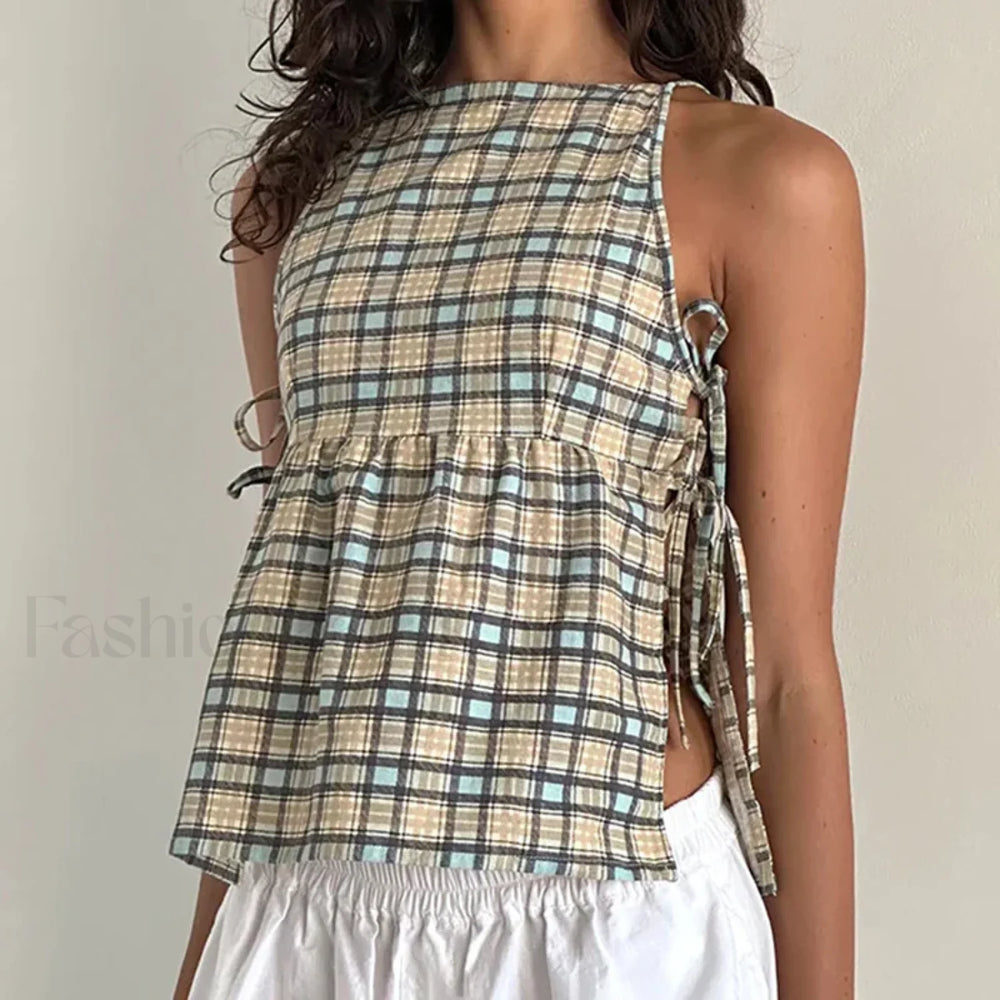 Milkmaid Side Tie Crop Top YELLOW AND BLUE / S