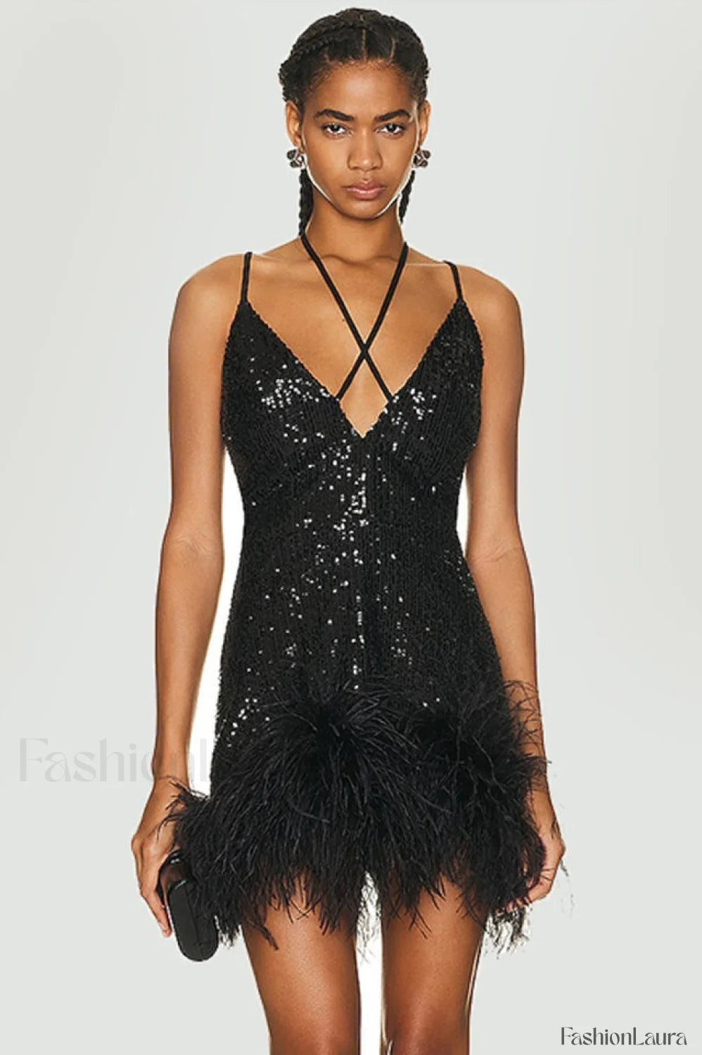 Mini Sequin Dress Charming With Feather Trim