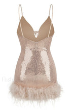 Mini Sequin Dress Charming With Feather Trim