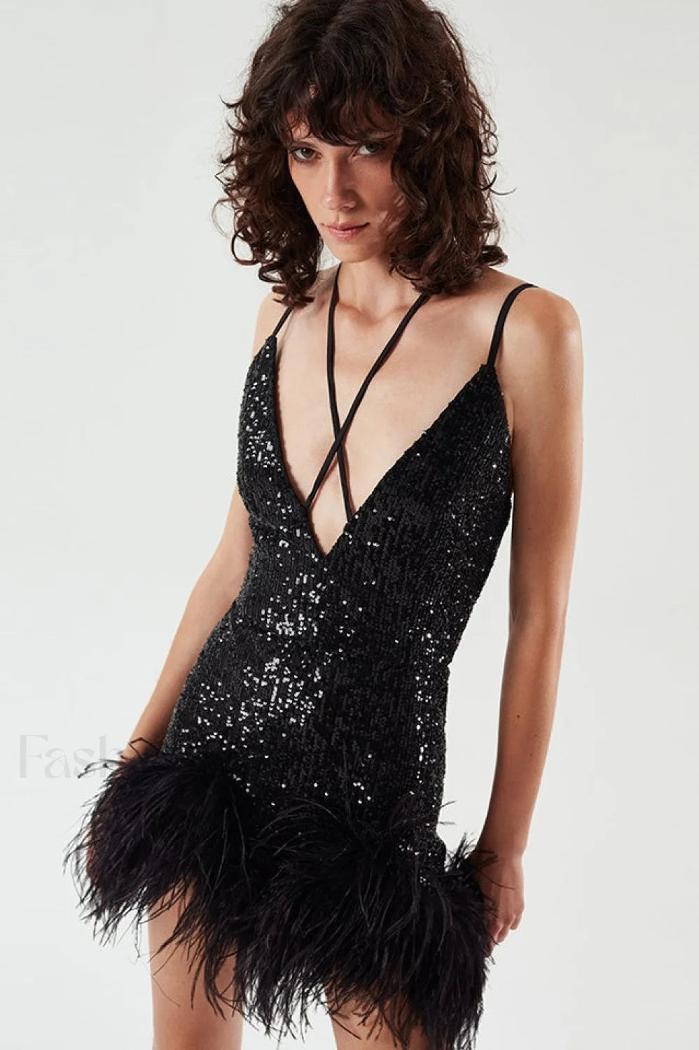 Mini Sequin Dress Charming With Feather Trim