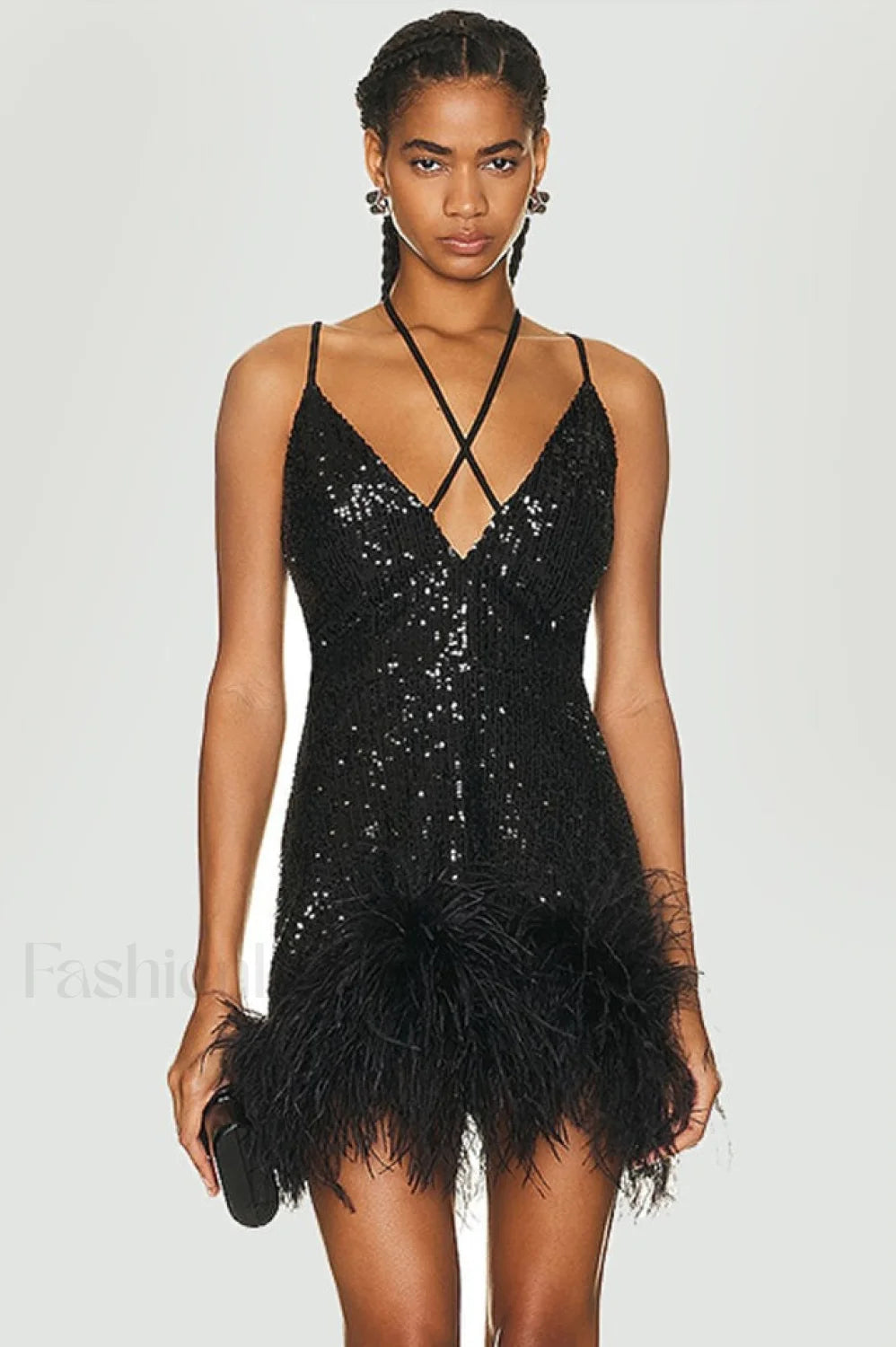 Mini Sequin Dress Charming With Feather Trim
