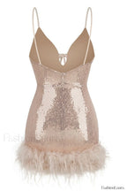 Mini Sequin Dress Charming With Feather Trim