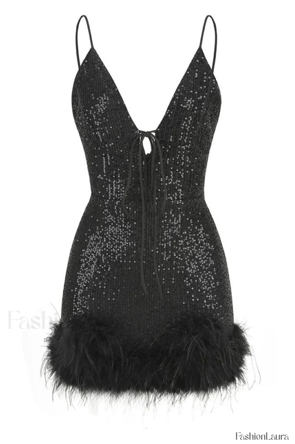 Mini Sequin Dress Charming With Feather Trim XS / Black