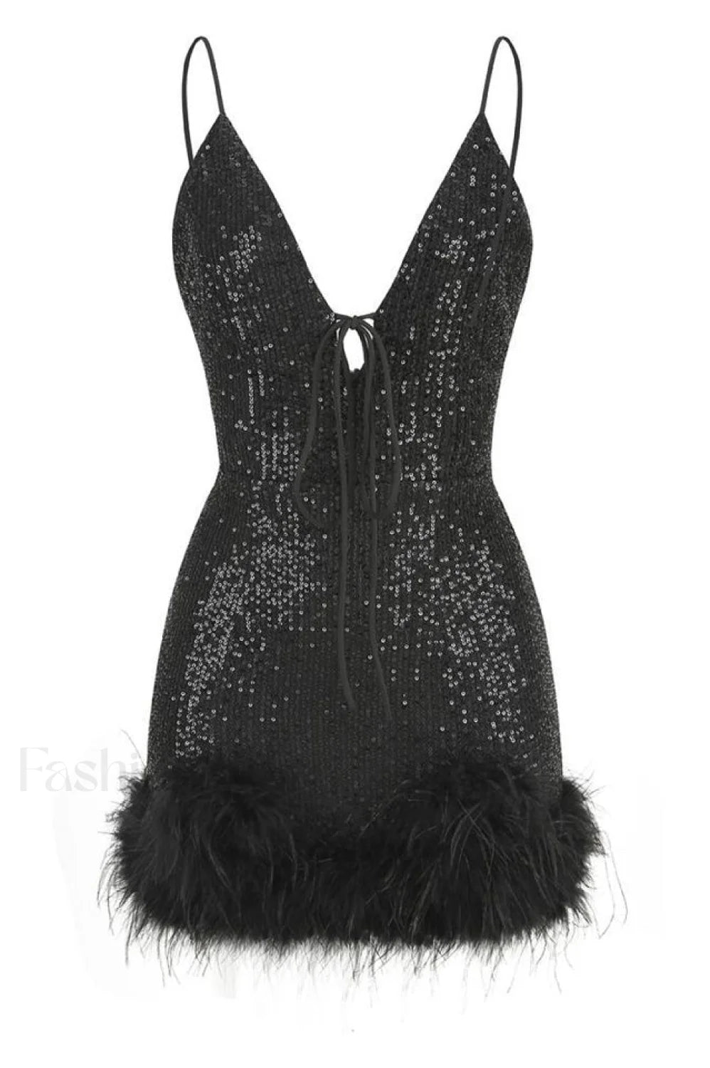 Mini Sequin Dress Charming With Feather Trim XS / Black