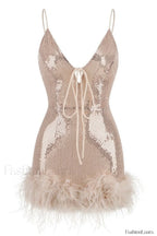 Mini Sequin Dress Charming With Feather Trim XS / Gold Rose
