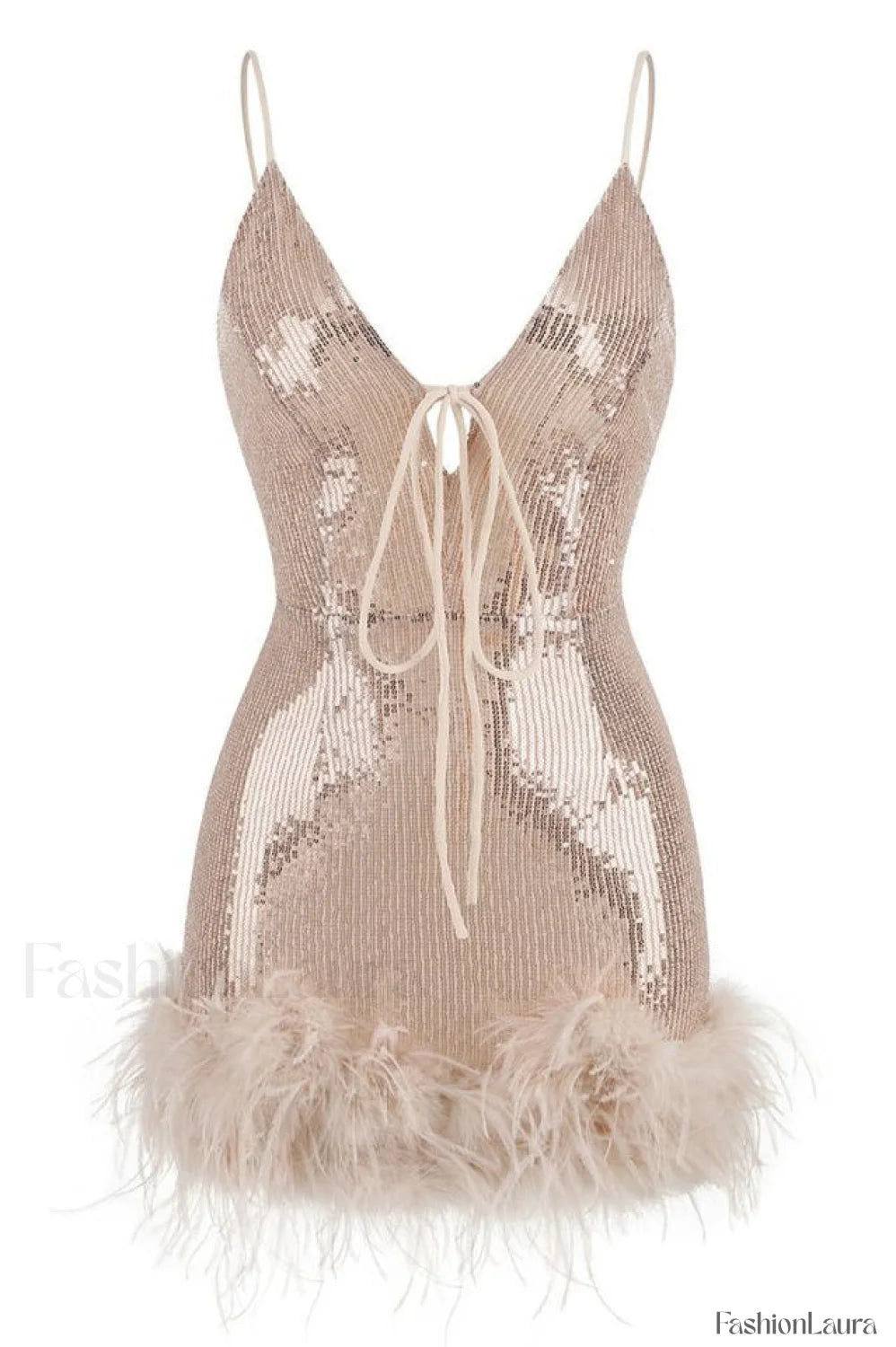 Mini Sequin Dress Charming With Feather Trim XS / Gold Rose