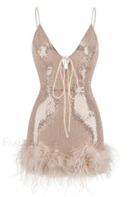 Mini Sequin Dress Charming With Feather Trim XS / Gold Rose