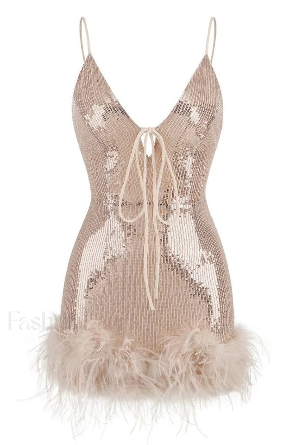 Mini Sequin Dress Charming With Feather Trim XS / Gold Rose