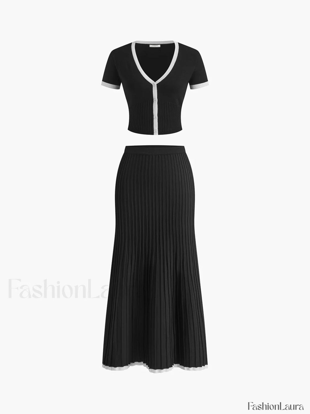 Minimalism Contrast Trim Sweater Skirt Set Black / XS Sweater Co ords