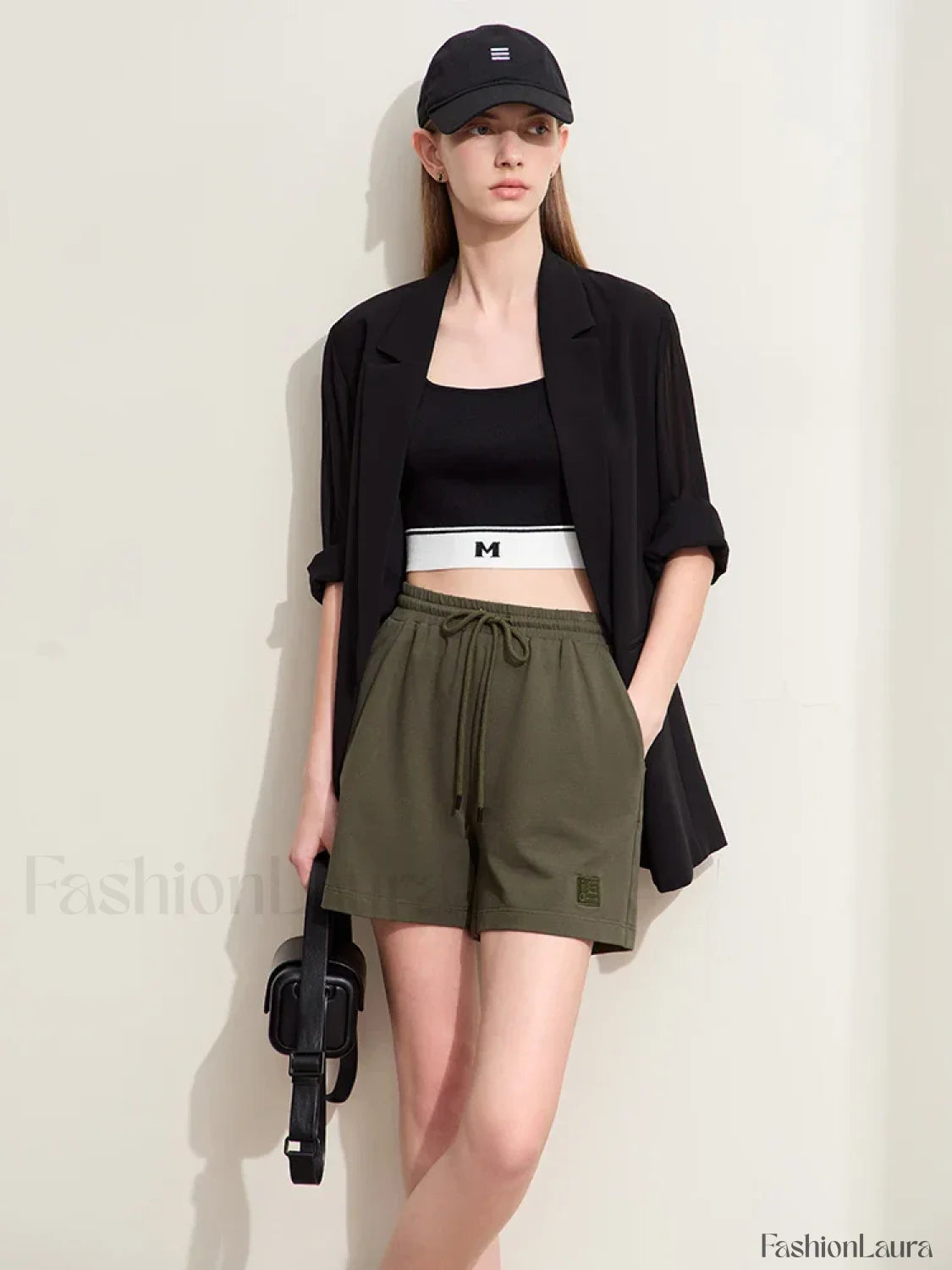 Minimalism Drawstring Casual Wide leg Letters Embroidery Short