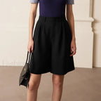 Minimalism Office Lady Shirring Wide Leg Casual Short Black / S