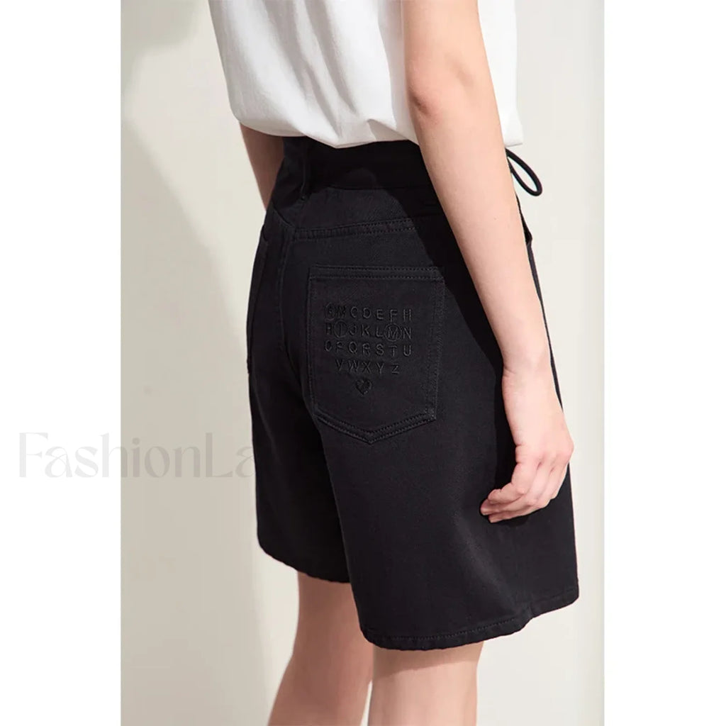 Minimalism Women Denim Casual Loose Retro Straight Short Black / S