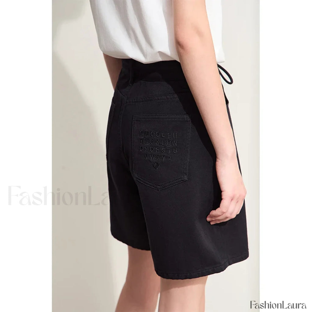 Minimalism Women Denim Casual Loose Retro Straight Short Black / S