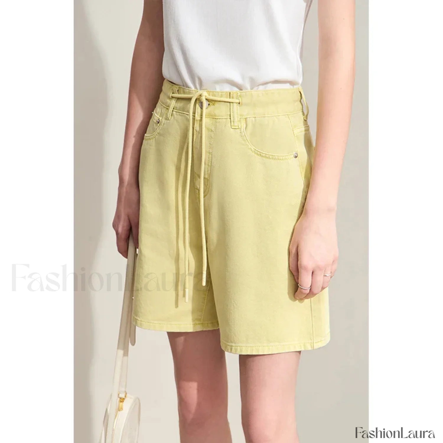 Minimalism Women Denim Casual Loose Retro Straight Short lemon yellow / S